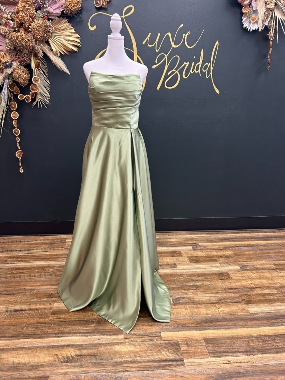 New Strapless Sage Formal w/Side Slit
